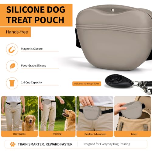 Silicone Dog Treat Pouch with Training Clicker - color: Milky tea, size: 1 PACK