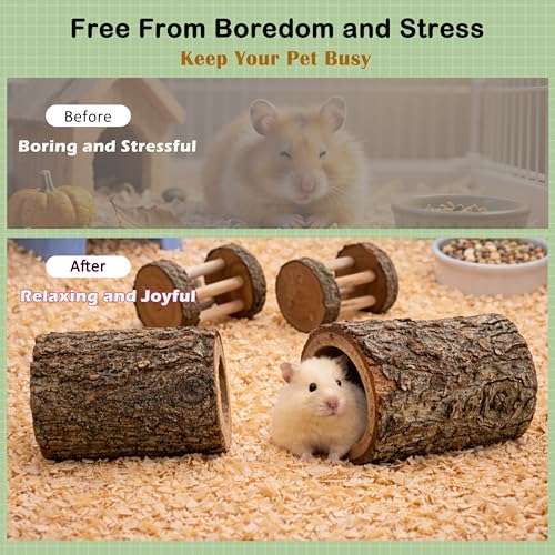 4 PCS Natural Apple Wood Hamster Tunnel and Roller Toy Set Small Animal Hideout and Chew Toys for Dwarf Hamsters Mice Gerbils Rats Sugar Gliders Cage Enrichment Accessories (Style-B) - color: B