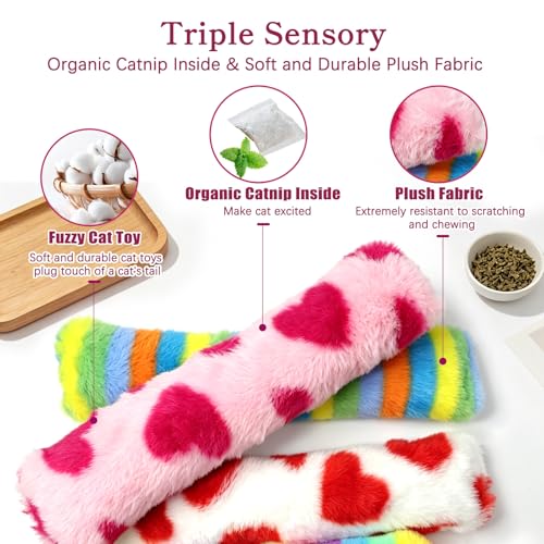 Plush Cat Pillow Toy with Catnip & Crinkle Paper, Interactive Kick Sticks for Cats, Soft Kitten Chew Bite Toys for Teeth Cleaning (Rainbow Stripe Red Heart Toys 4 Pack) - color: Rainbow Stripe Red Heart Toys 4 Pack