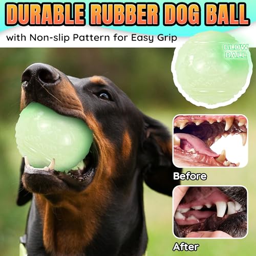 LECHONG 4-Pack 3.5” Glow Squeaky Dog Balls,Bouncy Glow in The Dark Dog Ball with Squeaker, Durable Dog Rubber Ball Toys Glowing Fetch Balls for Medium Large Dogs Nighttime Playing Indoors & Outdoors - size: 3.5in Large Regular