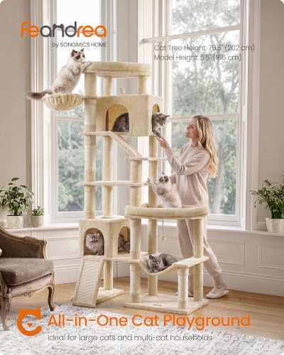 Feandrea Large Cat Tree, 79.5" Tall Sturdy Cat Tower for Indoor, Beige - color: Beige, size: 41.3"L x 17.7"W x 79.5"H