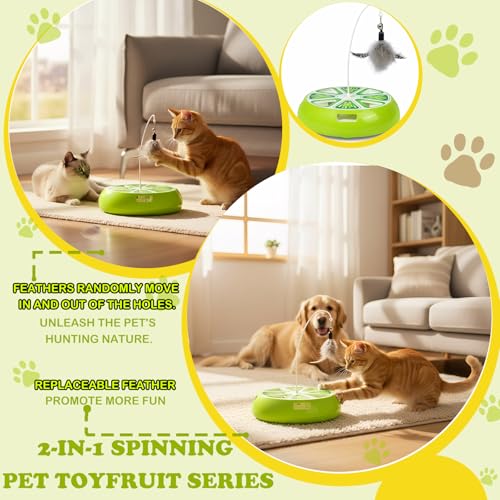 Puffluv Interactive Cat Toy,2 in 1Fruite Shape Toys with Electric Moving Concealed and Hanging Feathers Pop and Play Hide Seek, Hunting Tpye-C Rechargeable-Green Lime - color: Lime Green