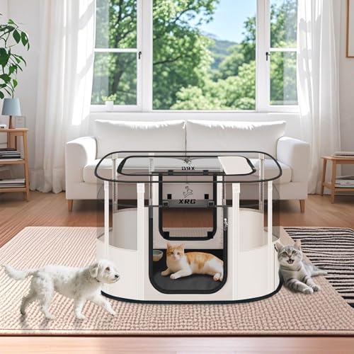 XRG Foldable Dog Playpen with pad，Indoor Cat Kennel L(35.4"x27.6"x23.6") - color: Beige, style: Large（35.4"L x 27.6"W x 23.6"H）