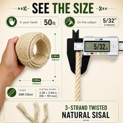 Sisal Rope for Cat Tree 5/32 Inch x 50 ft Scratcher Twine - size: 5/32" × 50FT