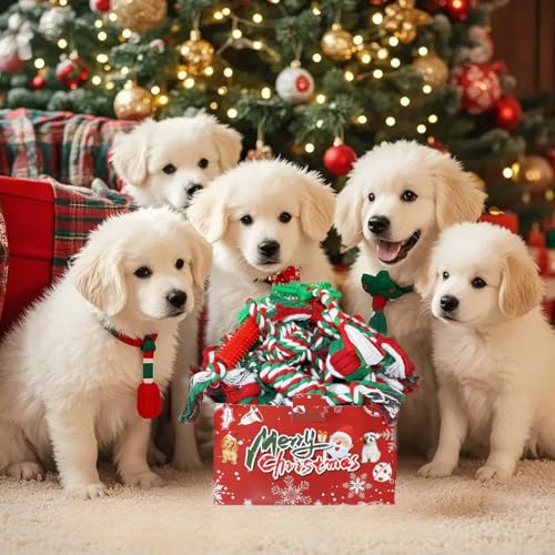 Christmas Dog Toys 15 Pack, Puppy Rubber Chew Toys with Rope Toys Set, Interactive Tough Christmas Gifts Box for Dogs, Training Playing Teething Busy Toys Bulk for Holiday Puppies Presents - color: Red