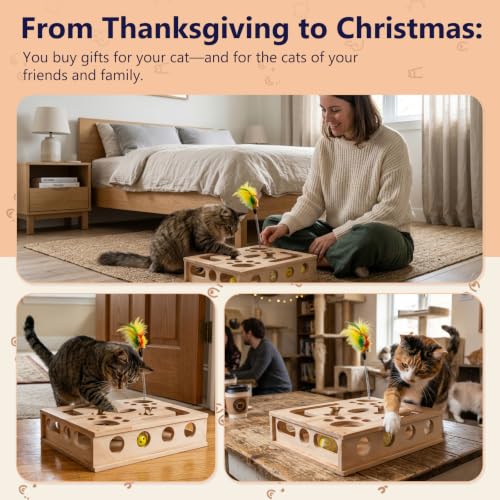 Wooden Cat Scratch Puzzle Enrichment Box,Interactive Cat Slow Feeder Maze Puzzle Toy,Durable Mental Stimulation Enrichment Toy.Relieve Boredom & Reduce Destructive Behaviors - style: Regular 9.8×11.8 IN