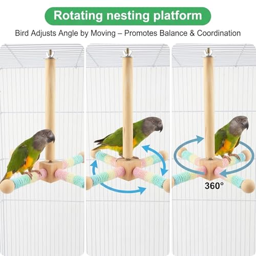 Parrot Interactive Rotating Perch, 360°Silent Free-Spin, Hanging Bird Perch Toy with Poplar Swing for Parrots, Parakeets, Cockatiels, Small to Medium Birds