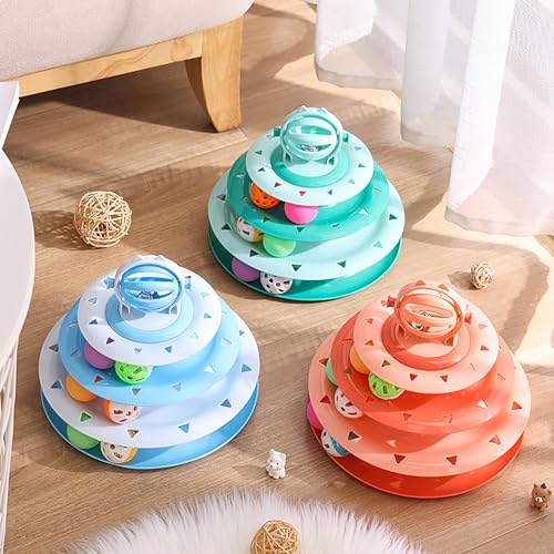 Vealind Cat Toy Roller 4-Level Turntable Cat Toys Balls with 14 Pcs Colorful Pom Pom Balls Interactive Fun Mental Physical Exercise Puzzle Kitten Toys (Orange) - color: Orange