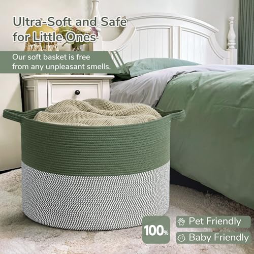 INDRESSME 115L Extra Large Woven Rope Blanket Basket Living Room Green - color: Green & White, size: 23.6"D x 15.7"H