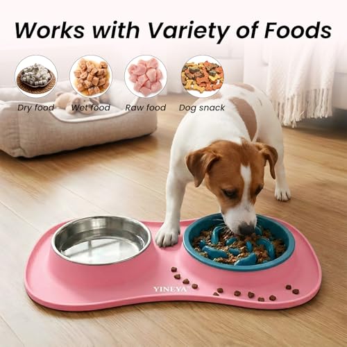 YINEYA 3 in 1 Slow Feeder Dog Bowls,Dog Water Bowl,Cat and Dog Food Bowl - color: Pink, size: Large