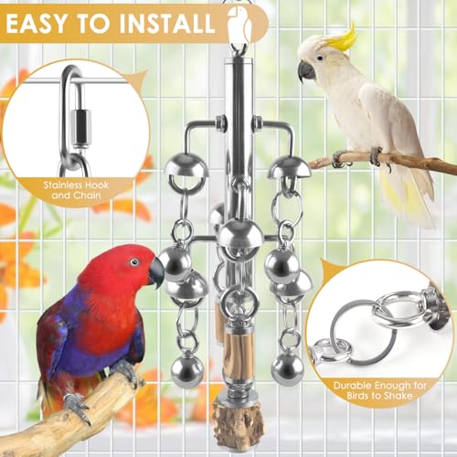 KATUMO Large Bird Toys, Natural Wooden and 304 Stainless Steel Bell Toy for Parrots, 1.46 LB Heavy Birds Cage Toy for Amazon Parrot, African Greys, Budgies, Lovebirds, Cockatiels,Cockatoo - color: Silvery