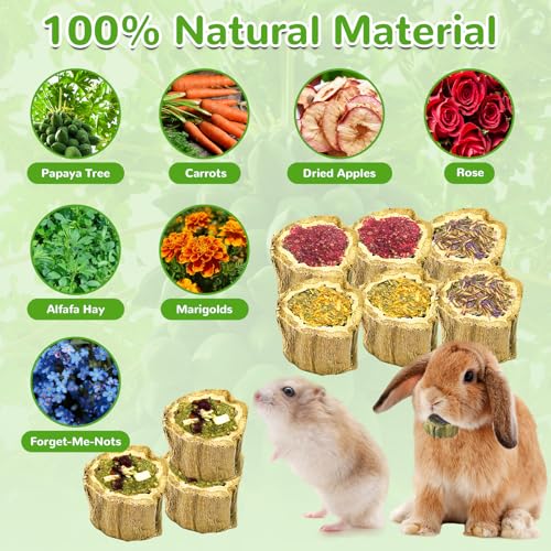 100g Rabbit Chew Toys for Bunny,4 Varieties Natural Papaya Wood Chew Treats with Organic Alfalfa Hay, Dried Carrot, Apple and Sweet Potato for Rabbits Guinea Pigs Hamsters Chinchillas Gerbils