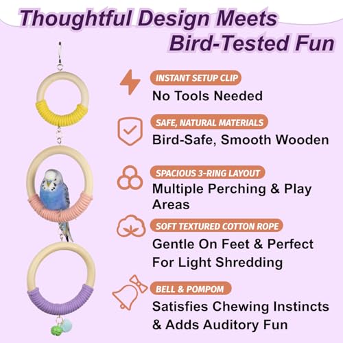 3-Ring Bird Wooden Swing with Bell Climbing Toy Chewable Cotton Rope Perch