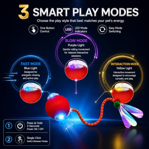 Interactive Cat Toy Ball, Automatic Cat Toy with Bird Chirping Sound, 3 Play Modes & 2 Tails,Rechargeable Smart Moving Pet Toy,Speedy Tail 2.0 Cat Toy,Cat Toys Interactive for Indoor Cats & Small Dogs