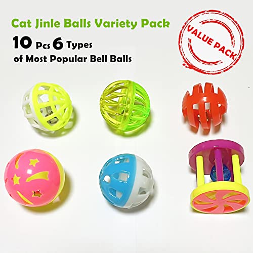 Cat Jingle Balls Toys 10Pcs 6 Styles for Indoor Cats - Plastic Lattice Cat Balls with Bells Kitten Rattle Toy, Gift Box and 1.5" - size: 10 Pcs 6 Styles