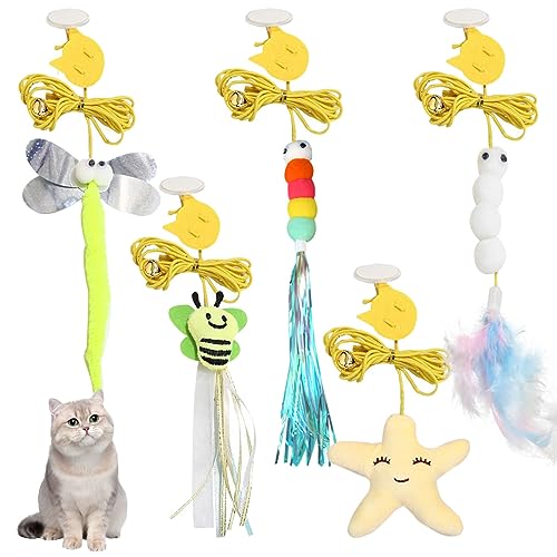 5 PCS Interactive Cat Feather Toys, Hanging Door Cat Toy Retractable Cat Teaser Toys Indoor Feather Kitten Fun Mental Physical Exercise Kitten Toys