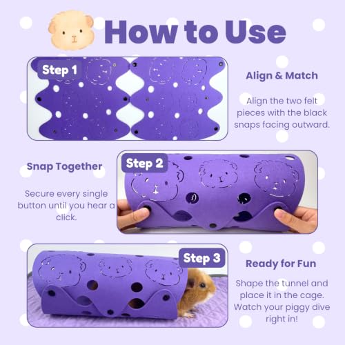 Guinea Pig Tunnel, Washable Felt Hideout, Cavyhead Design，Purple - color: Purple