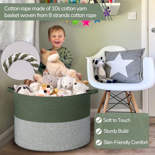 INDRESSME 115L Extra Large Woven Rope Blanket Basket Living Room Green - color: Green & White, size: 23.6"D x 15.7"H
