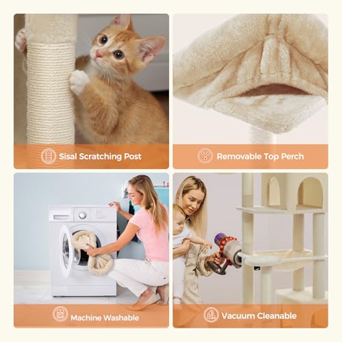 PETEPELA 69" Tall Cat Tower with Hammock & Scratching Posts, Beige - color: Beige, size: 69 Inches