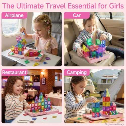 Mini Magnetic Tiles for Girls Travel in Tin Box to Stop Crying - style: Pink 60PCS