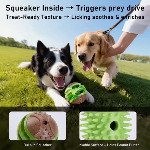 MECOOL 2PCS Durable Dog Chew Toys, Squeaky Chew Ball & Treat Dispensing Toy, Tough Nylon Ends & Natural Rubber for Aggressive Chewers, Interactive Puzzle Toys for All Breed Dogs,Bacon Flavored,Green - color: Green