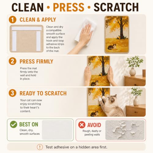 Sisal Cat Scratching Mat, Wall Mounted or Floor Scratch Pad, Non-Slip Backing with Adhesive Strips, Furniture Protector for Cats, Durable Natural Fiber, Low Shedding, 23.6 x 15.7 Inch