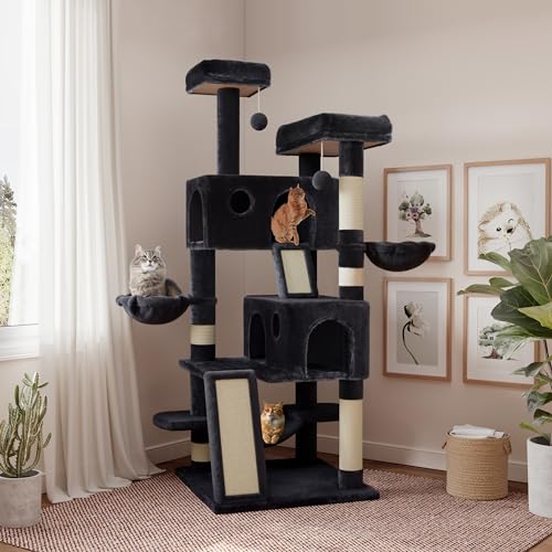 SHA CERLIN 65in Larger Cat Tree Tower Condo for Indoor Kitties/Multi-Level Furniture Activity Center with Wide Base/Cozy Plush Cat Perches/Baskets/Sisal Scratching Posts and Hammock/Dark Grey - color: Dark Grey