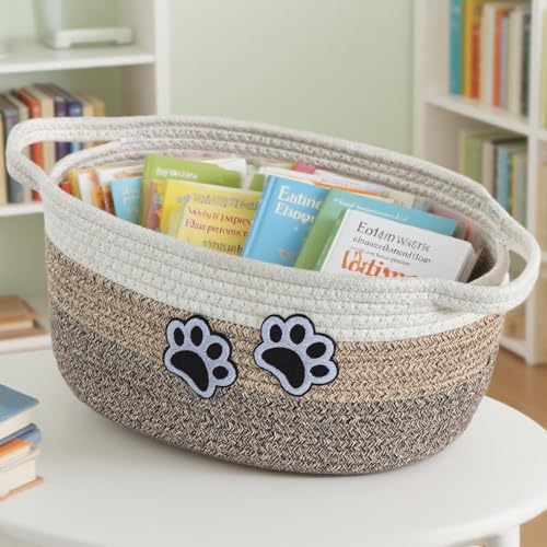 Small Woven Cotton Rope Nursery Organizer Bins, Dog Toy Basket Bins with Handle, Cute Empty Pet Gift Storage Baskets with Paw - color: White-Jute