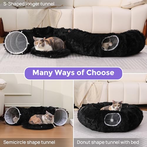 Plush Cat Tunnel Bed for Indoor Cats with Soft Cushion, Multi-Shape Play Cave with Hanging Balls, Large and Foldable Cat Donut Tunnel for Small and Large Pets (Black) - color: Black