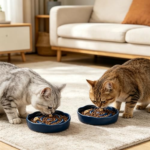 Slow Feeder Cat Bowl Set of 2, Ceramic Slow Feeding Cats Bowl Whisker Friendly, Anti Vomiting Cat Feeder for Dry and Wet Food，Fun Maze Interactive Bloat Stop Puzzle Bowls for Healthy Eating Diet - color: Navy blue