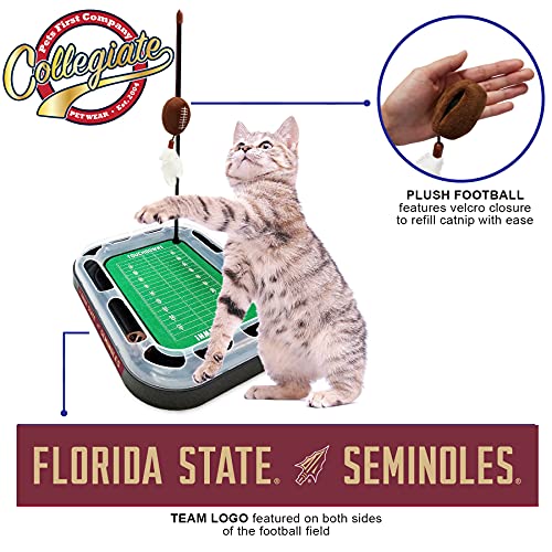 Pets First 5-in-1 Cat Toy: Interactive Cat Scratcher with Catnip Filled Plush Football & Feathers - color: Florida State Seminoles, size: Football Field