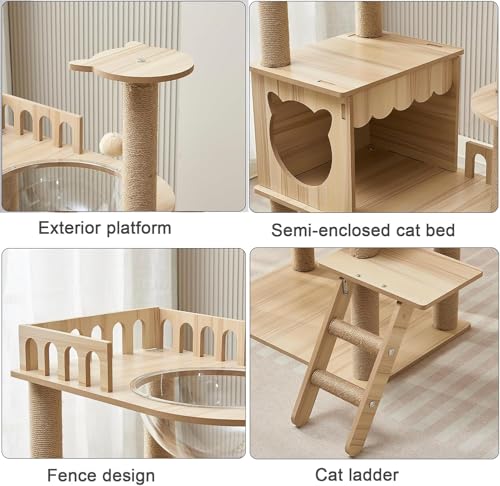 54-Inch Cat Tower,Multi-Level Pure Wood-Modern Cat Tree Tower with Condo, Cat Stairs, Bowl,9 Sisal Scratching Posts, Top Perch, Toy Balls,Cat Tree for Indoor Cats Large Adult (KT-1022) - size: KT-1022
