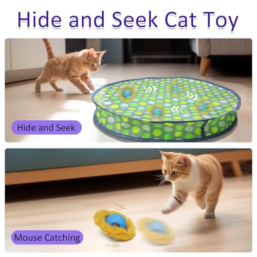 Giociv Interactive Cat Toys Ball Fast Rolling in Pouch, Motion Activate Chirping Cat Toy Hide and Seek Mouse Catching Game (Green Polka dot) - color: Green polka dot