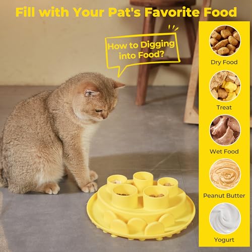 Puzzle Feeder Slow Feeder, Interactive Cat Puzzle Toy for Mental Stimulation, Dishwasher Safe Silicone Enrichment Toys, Reduces Boredom and Trains Intelligence, Yellow - color: Yellow