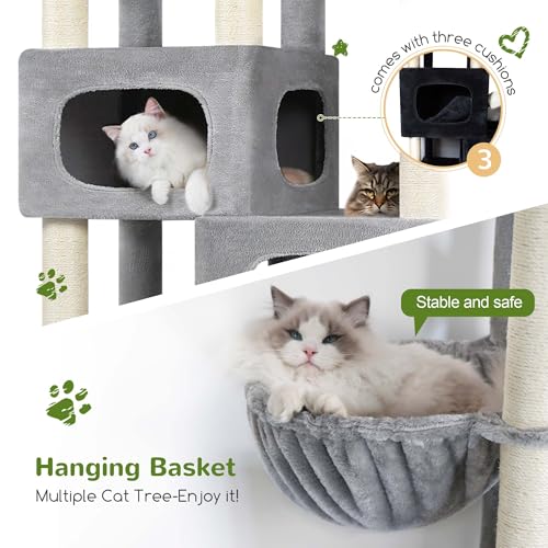 Globlazer 85 Inch Tall Cat Tree for Large Cats, Multi-Level Cat Tower for 4+ Cats with 3 Condos, 2 Hammocks & Sisal Posts, Heavy Duty Cat Tree Tower for Maine Coon, S85, Light Grey - color: Light Gray, size: 85 Inch