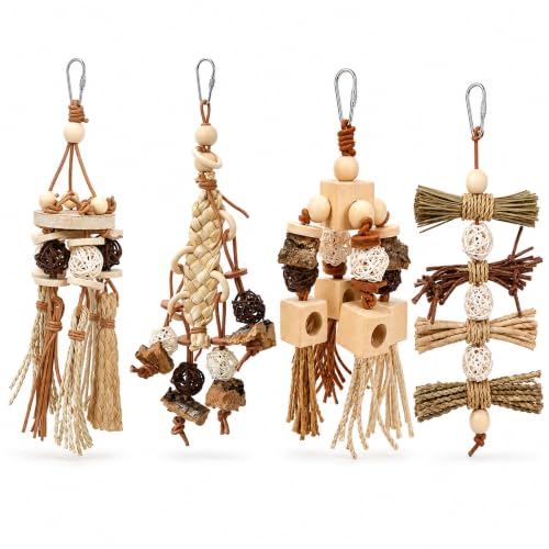 4 Pack Natural Bird Toys for Parrots, Parakeets & Cockatiels - Wood, Cork Bark, Raffia & Corn Husk Chew Set - Foraging Shredding Toys for Budgies, Conures, Lovebirds & Small Birds