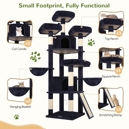 Globlazer 80 Inch Cat Tree for Large Cats, Tall Cat Tower for 4+ Cats, Multi-Level Cat Tree Tower with 2 Condos, 3 Perches, Hammock and 7 Sisal Scratching Posts, F80H, Dark Gray - color: Dark Gray, size: 80 Inch