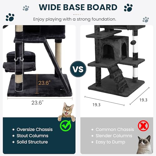 SHA CERLIN 65in Larger Cat Tree Tower Condo for Indoor Kitties/Multi-Level Furniture Activity Center with Wide Base/Cozy Plush Cat Perches/Baskets/Sisal Scratching Posts and Hammock/Dark Grey - color: Dark Grey