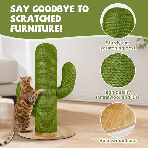 Cat Scratching Post with Solid Wood Base,39.37" Hx17.71 Lx17.71 W Tall Scratching Posts for Indoor Cats Adults,Cactus Thick Columns,Durable Lambswool and Jute,Large Scratcher Post (Large)