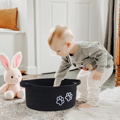 Small Woven Cotton Rope Nursery Organizer Bins, Dog Toy Basket Bins with Handle, Cute Empty Pet Gift Storage Baskets with Paw - color: Black