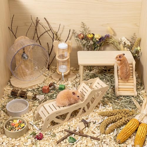 Novabright 5 Pcs Hamster Cage Accessories, Wooden Hideout Ladder Wheels - style: Cozy Hideout Set