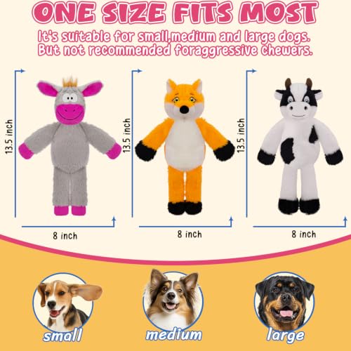 3Pack No Stuffing Dog Squeaky Toys, Plush with Crinkle for Medium Small Pet - style: Cow&Fox&Donkey
