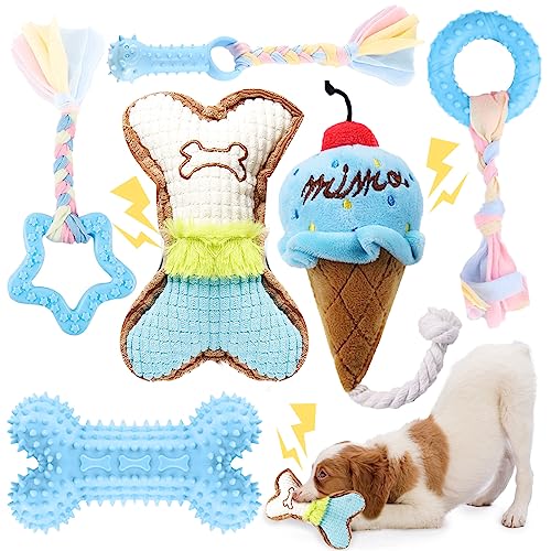 BAEJMJK 6 Pack Puppy Teething Toys Blue Small Breed Dog Chew Toys with Rope Cute Plush Squeaky Dog Toys Soft Rubber Puppy Toys Set for Cleaning Teeth Interactive Pet Doggy Bone Toys - color: Blue