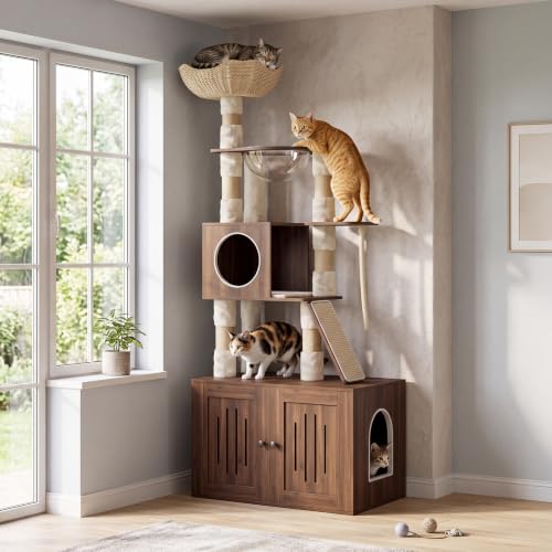 Garvee 66.9" Cat Tree with Litter Box Enclosure, Multi-Level Cat Condo - color: Walnut