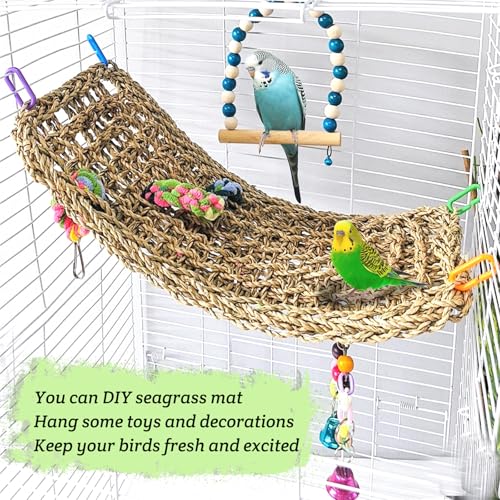 Bird Seagrass Mat 16 × 7" Parrot Natural Grass Woven Net Hammock Parakeet Climbing Rope Ladder Mat Chew Toys Cage Accessories for Pigeon Cockatiel Conure Budgie Cockatoo Rat Hamster - size: 1Pc 16" × 7"