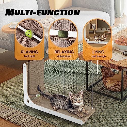 SMARTBEAN Cardboard Cat Scratcher, Vertical Cat Scratching Board, 23.6 Inch L-Shape Cat Scratch Pads with Built-in Catnip Toy Balls, Wall-Mount Cat Scratchers for Indoor Cats - size: L-Shape Cat Scratcher - 1 pc
