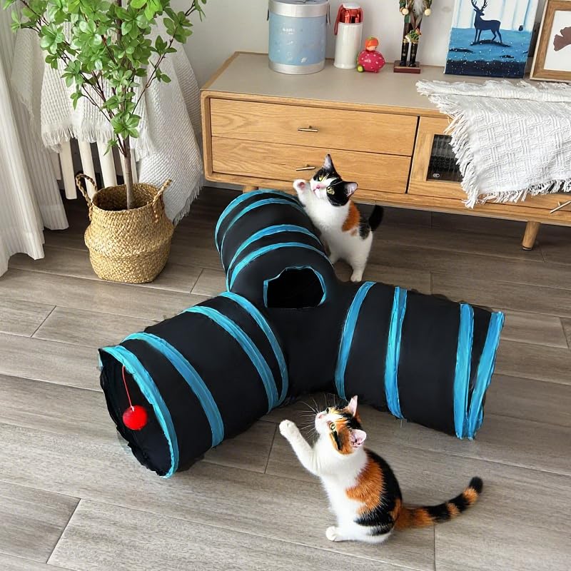 3-Way Collapsible Cat Tunnel Tube Toy Black Blue - color: Black Blue