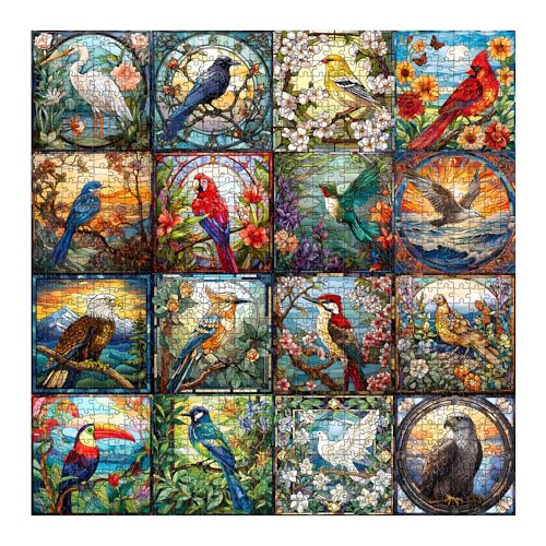 Stained Glass Puzzles for Adults 1000 Pieces, Bird Puzzles for Adults Flower with Cardinal Bird Parrot Hummingbird, Impossible Hard Challenging Jigsaw Puzzles - style: Stained Glass Bird Collection