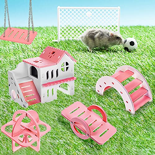 Skylety 5 Pcs Hamster Toys Wooden Accessories, 6.3 x 3.93 x 5.5 inch, Pink - color: Pink