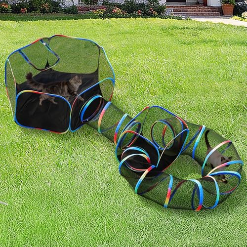 Outdoor Cat Enclosure 4-in-1 Portable Tunnels with Tent Cube Pop up Catio - size: Rainbow Black 4-in-1